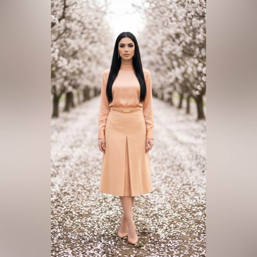 Celine Peach Midi Skirt with Front Pleat and Bridle Detail